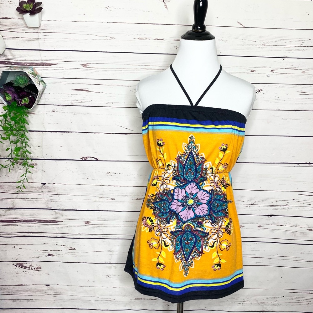 Colorful Boho Strapless Halter Handkerchief Floral Top Size Small Yellow Orange